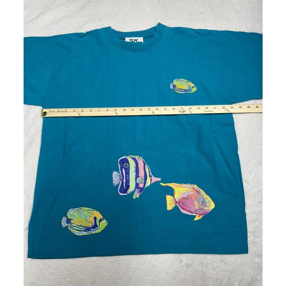 Vintage SK Sport  Fish Painted Lagenlook Oversized Boxy Size Large Teal T-Shirt - Picture 5 of 7